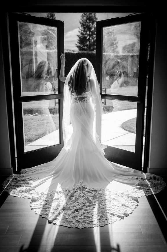 Cathedral veil and train at the glass doors, made in black and white.